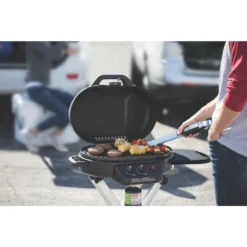 Coleman RoadTrip® 225 Portable Stand-Up Propane Grill -Coleman Sales Store 2000033048 coleman grill 225 su black close up of food on grate in use